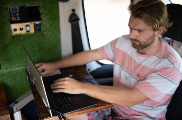 Working remotely in an RV rental! A digital nomad uses his laptop inside a camper van, embracing the van life.