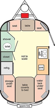 RV rental floor plan: A compact camper interior with kitchen, bath, dinette, and convertible bed for efficient travel.