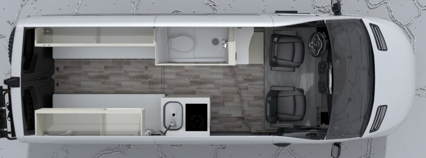 Top-down view of an RV rental interior: spacious layout with kitchen, full bathroom, convertible rear area, and driver's cabin.