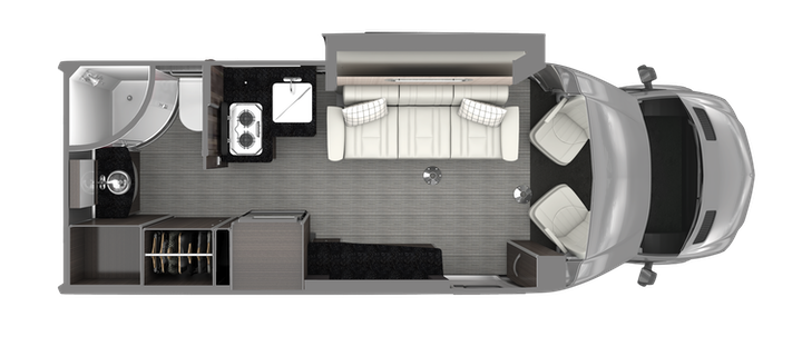 Overhead view of a compact RV rental's interior layout, featuring a kitchen, living area, wet bath, and front cabin.