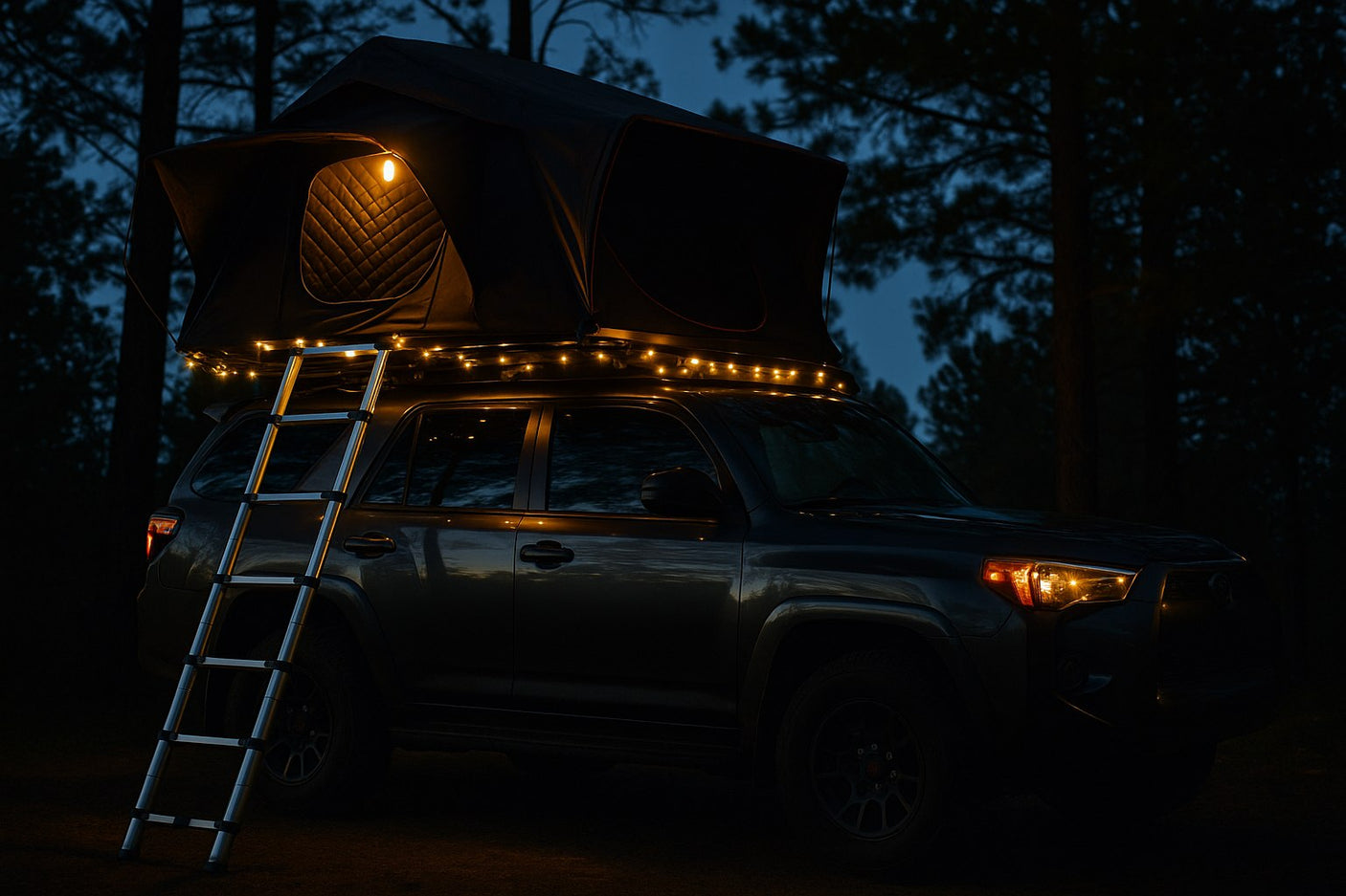 SUV with glowing rooftop tent and ladder, surrounded by string lights, in a dark forest. A unique RV rental camping experience.