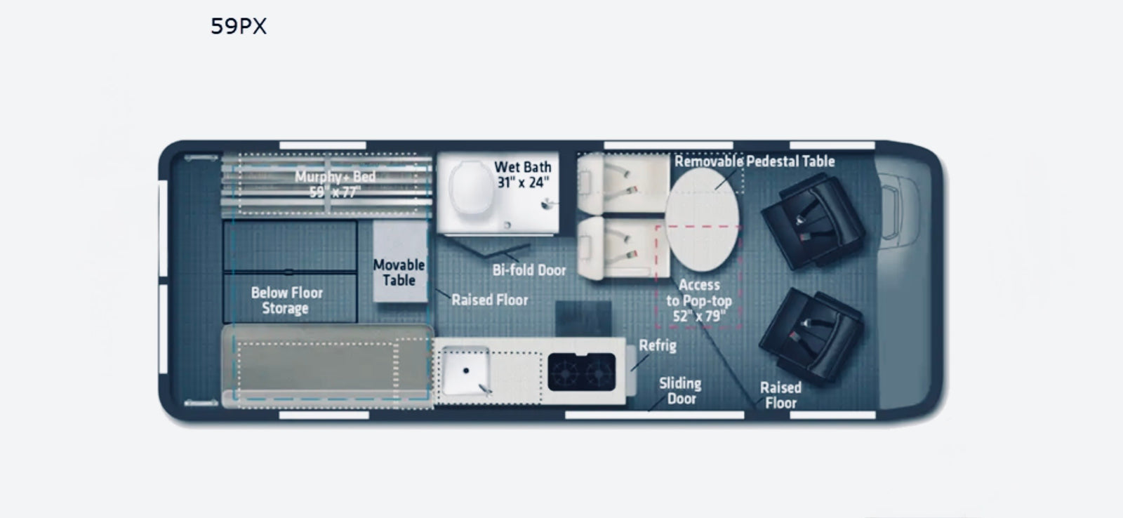 This RV rental 59PX campervan floor plan details sleeping, wet bath, kitchen, and flexible dining with pop-top access.