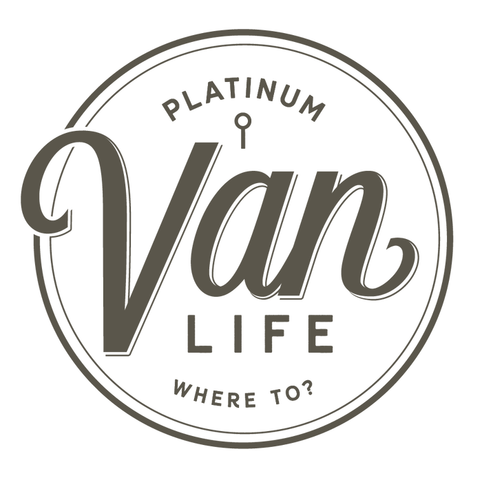 Circular "Platinum Van Life" logo with keyhole & "WHERE TO?", perfect for RV rental adventures.