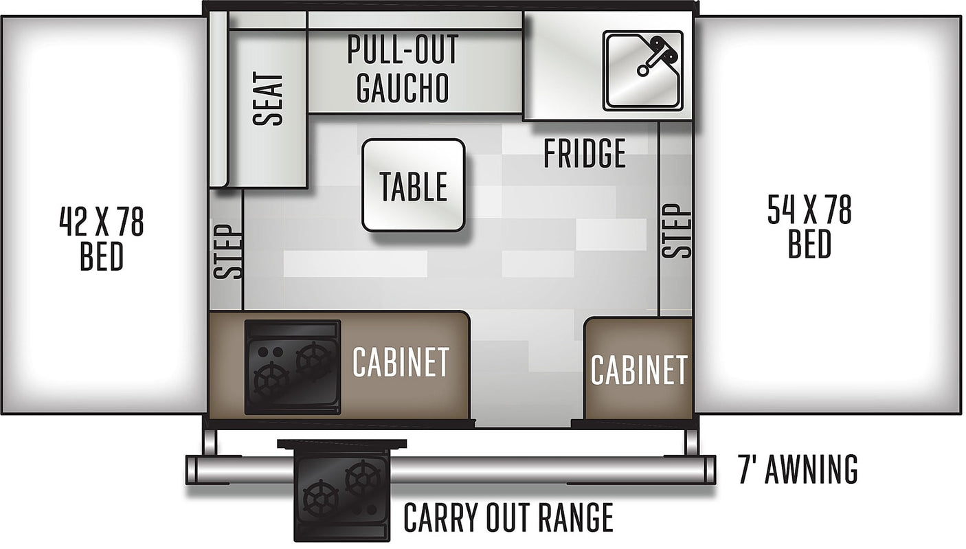 This RV rental floor plan illustrates a camper's interior layout with two beds, a dining table, kitchen appliances, and a 7' awning.