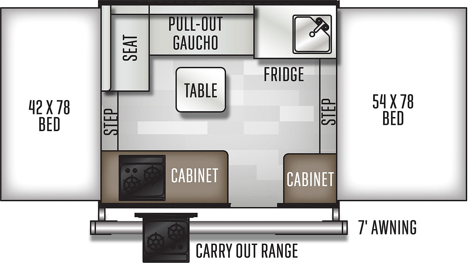 This RV rental floor plan illustrates a camper's interior layout with two beds, a dining table, kitchen appliances, and a 7' awning.