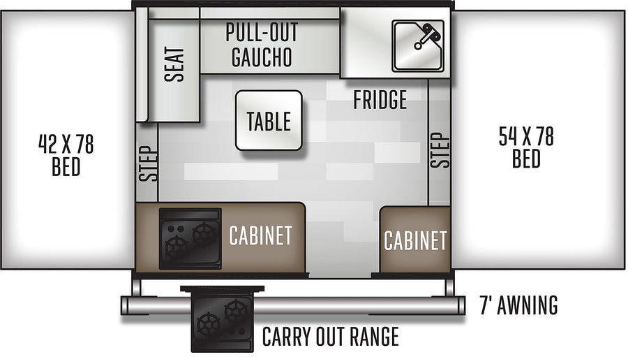 This RV rental floor plan illustrates a camper's interior layout with two beds, a dining table, kitchen appliances, and a 7' awning.