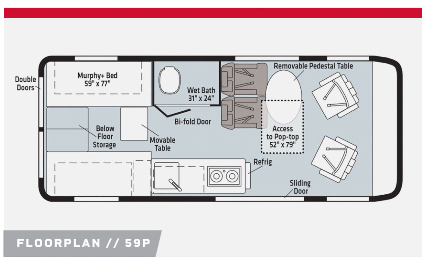RV rental floorplan (59P) detailing a compact layout with a Murphy bed, wet bath, kitchen, and flexible seating area.