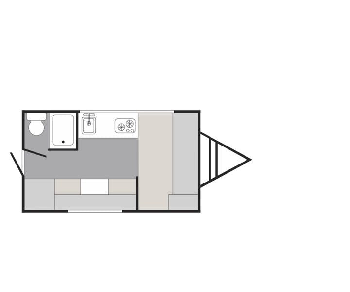 Compact travel trailer RV rental floor plan, showing bathroom, kitchen, and convertible living/sleeping area.