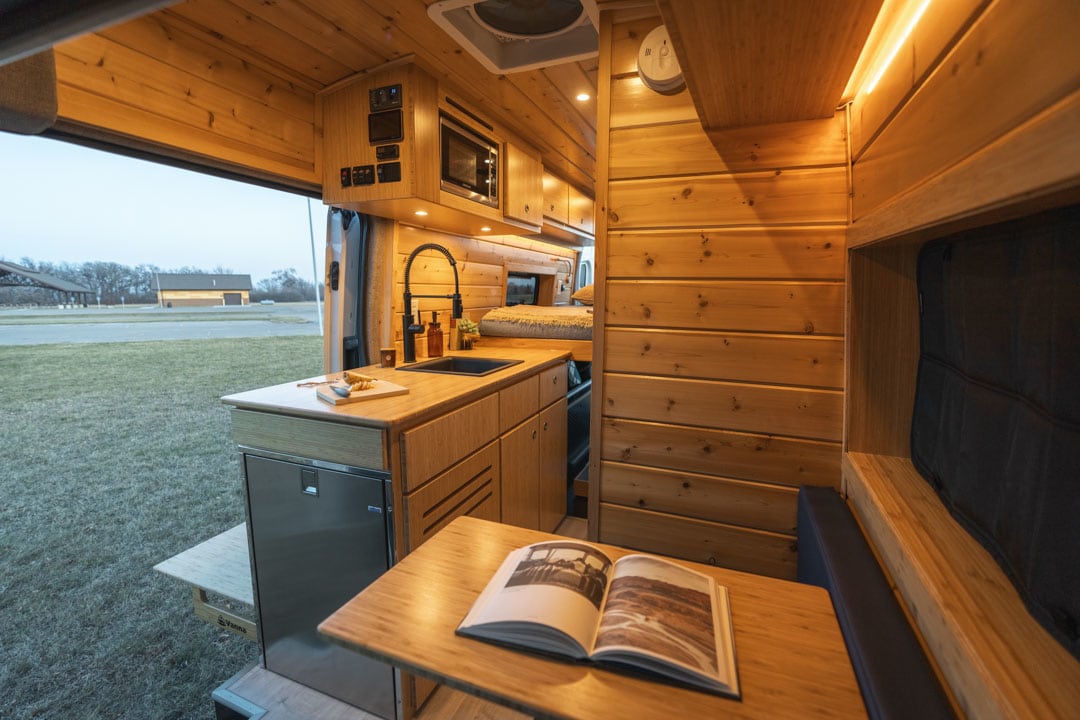 and accessories.|Interior of a modern rv rental van
