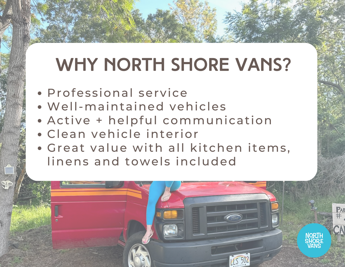 North Shore Vans RV rental details service benefits. A red campervan with a person on its hood, set in a natural, leafy environment.