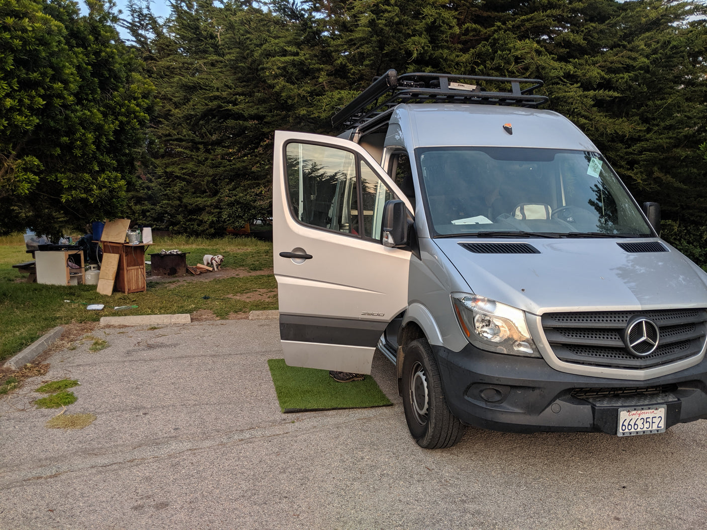 Silver Mercedes Sprinter van (RV rental) at an outdoor campsite, with an open door and a dog nearby.