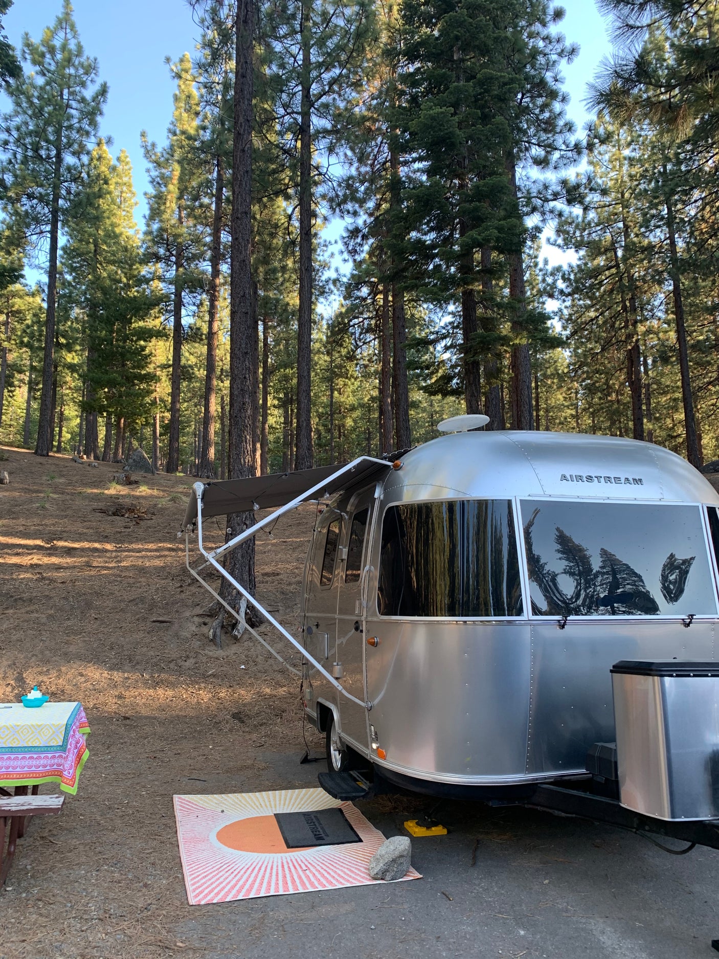 Gleaming Airstream RV rental travel trailer parked in a quiet pine forest campsite with an inviting picnic table.