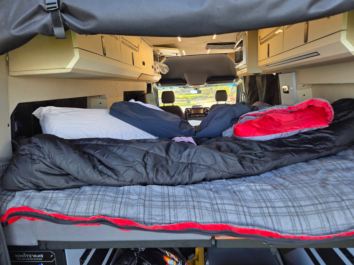 and bedding are visible. Safety warnings included.|RV rental interior: A custom white storage box with a latch — photo 18