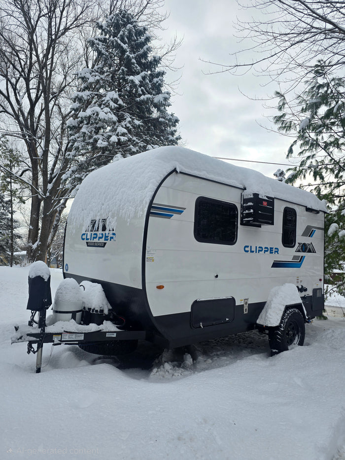 A white Clipper travel trailer, an RV rental, heavily covered in fresh snow, parked in a wintry landscape with bare and evergreen trees.