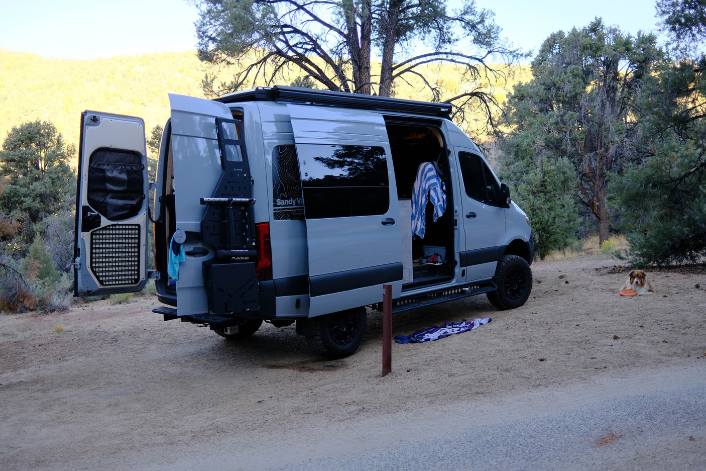 This grey rv rental camper van sits with open doors, revealing its interior setup. A dog with a frisbee rests nearby in nature.