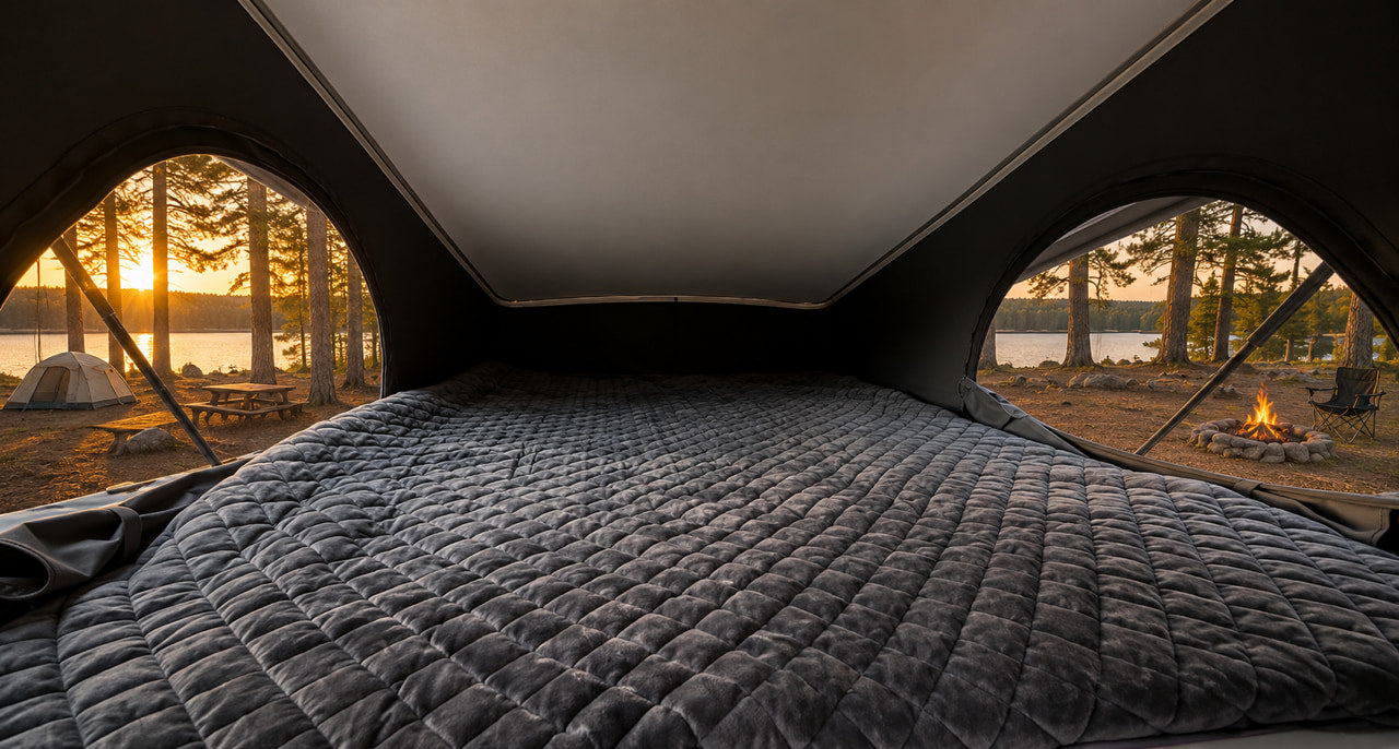 Cozy bed in an RV rental looking out at a beautiful lakeside campsite with a sunset, tent, and campfire. Ideal for glamping.