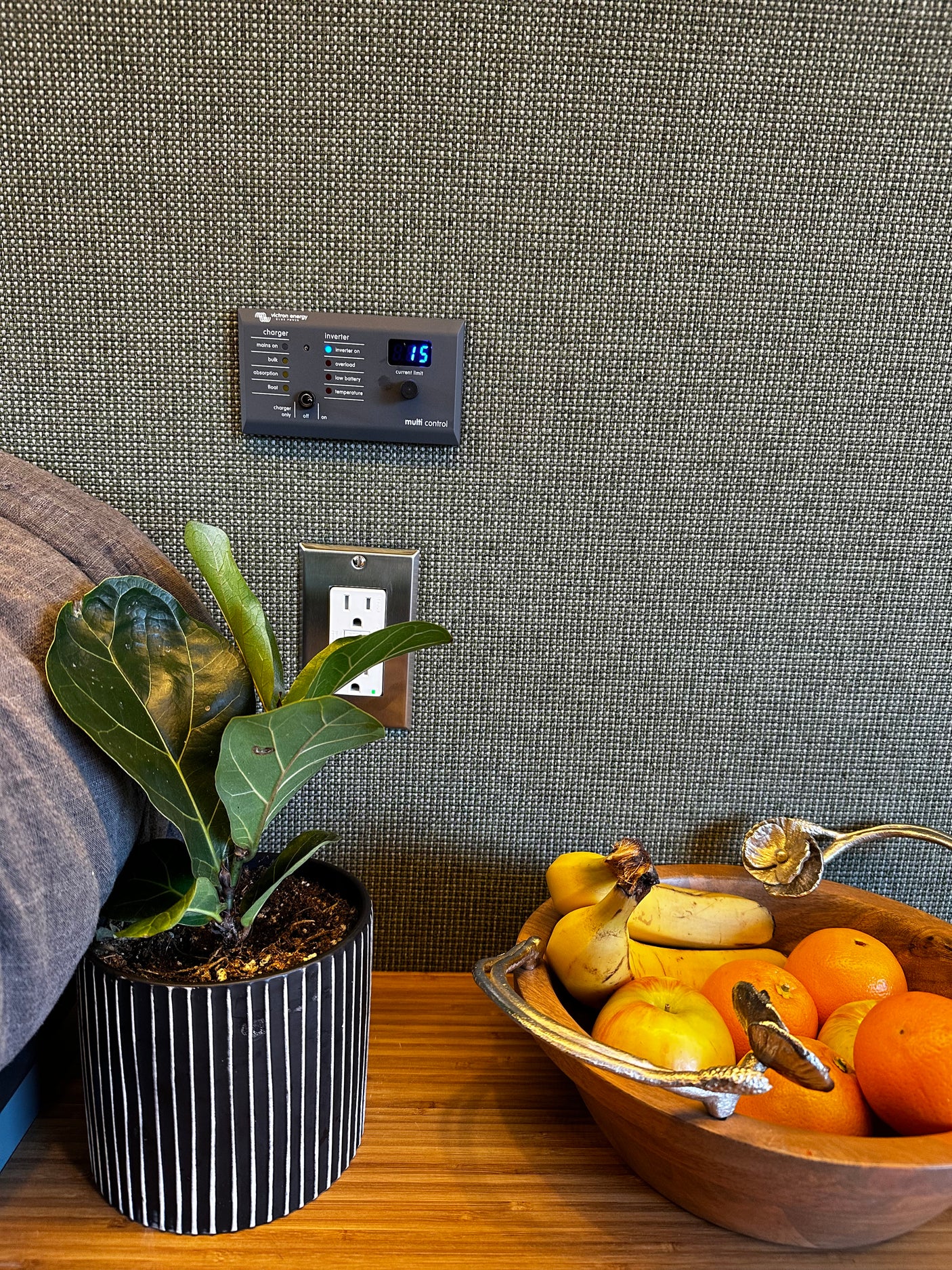 Inside an rv rental, a Victron control panel, power outlet, potted plant, and fresh fruit bowl offer comfort and utility.