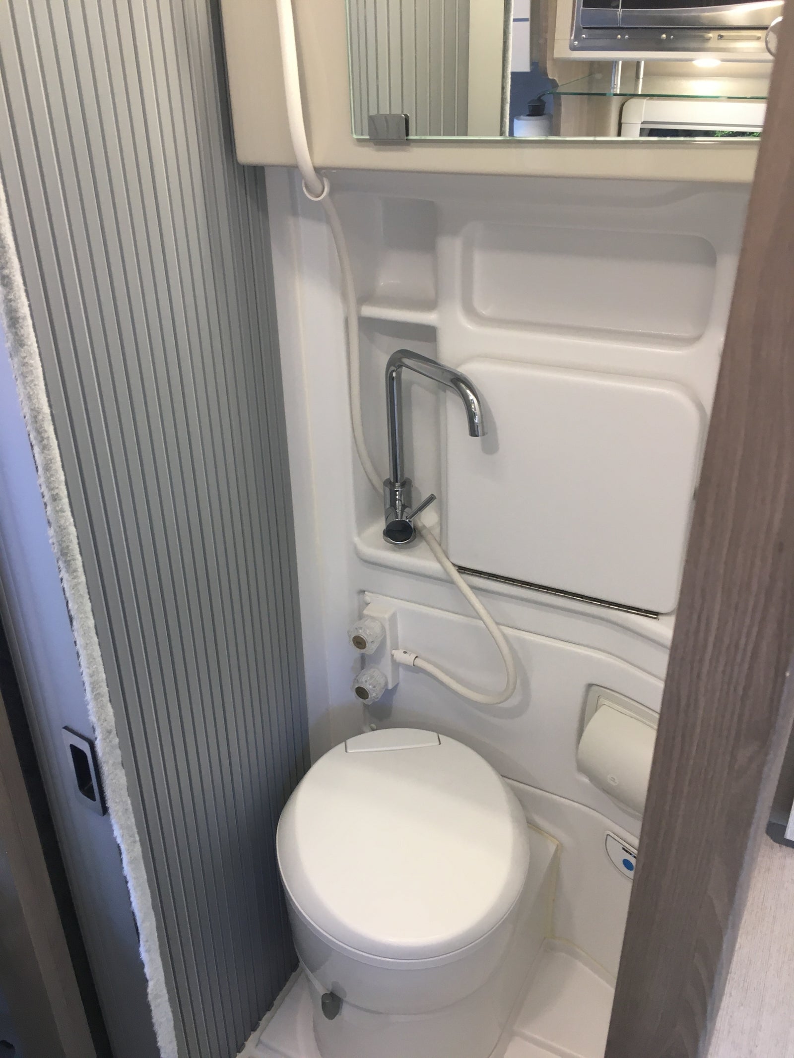 This **rv rental** compact wet bath features a toilet, pull-out faucet/shower, mirror, and ribbed walls for functional amenities.