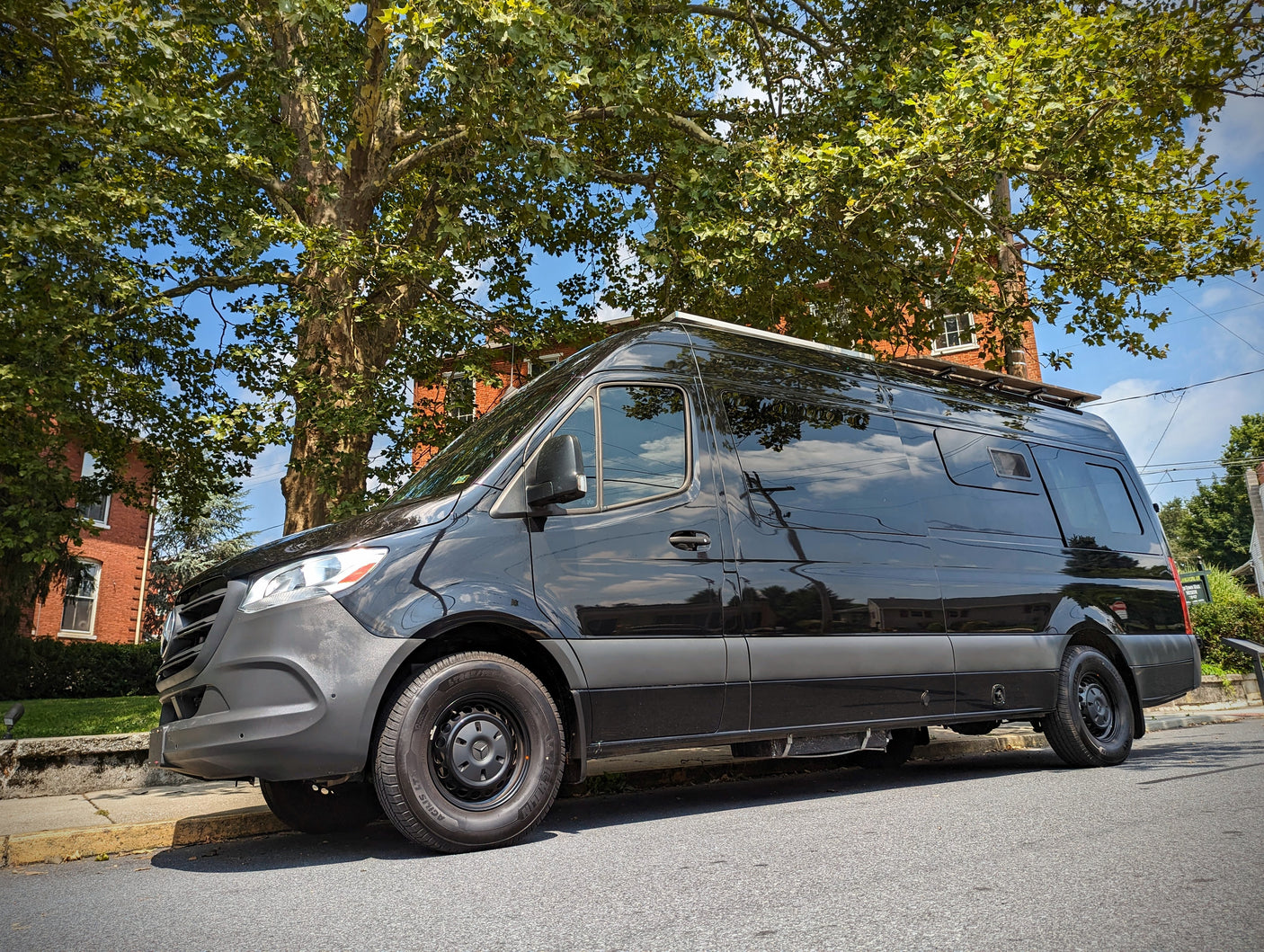 Black Mercedes Sprinter van, likely an RV rental, reflecting trees & sky while parked street-side.