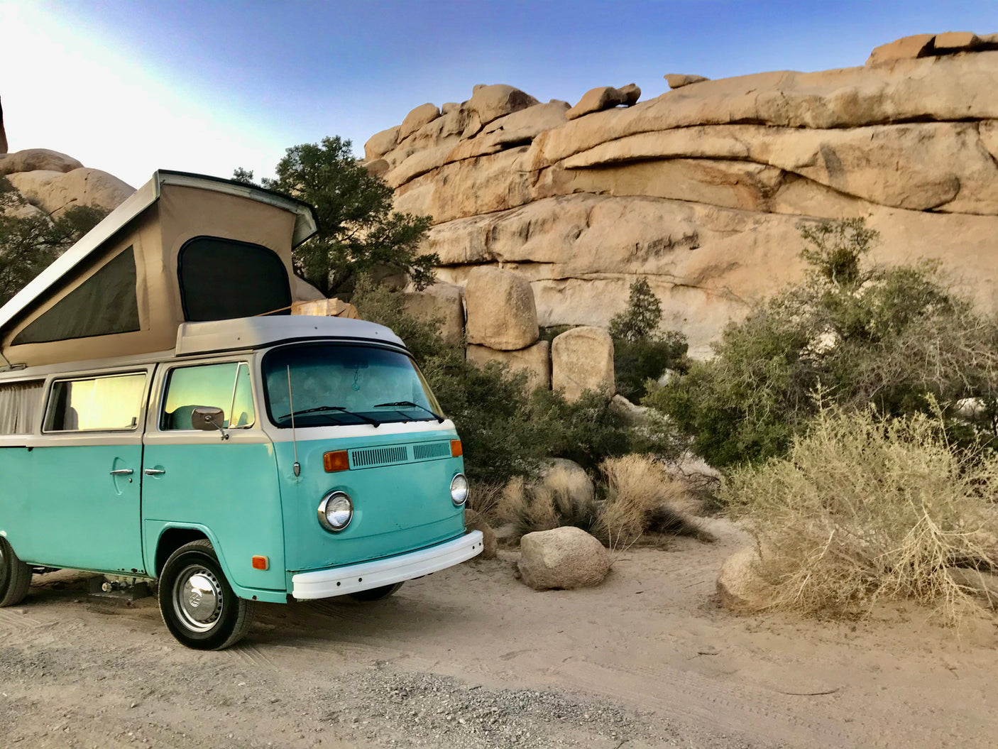 Turquoise VW bus pop-top camper in Joshua Tree. Your ideal rv rental for a desert camping adventure!