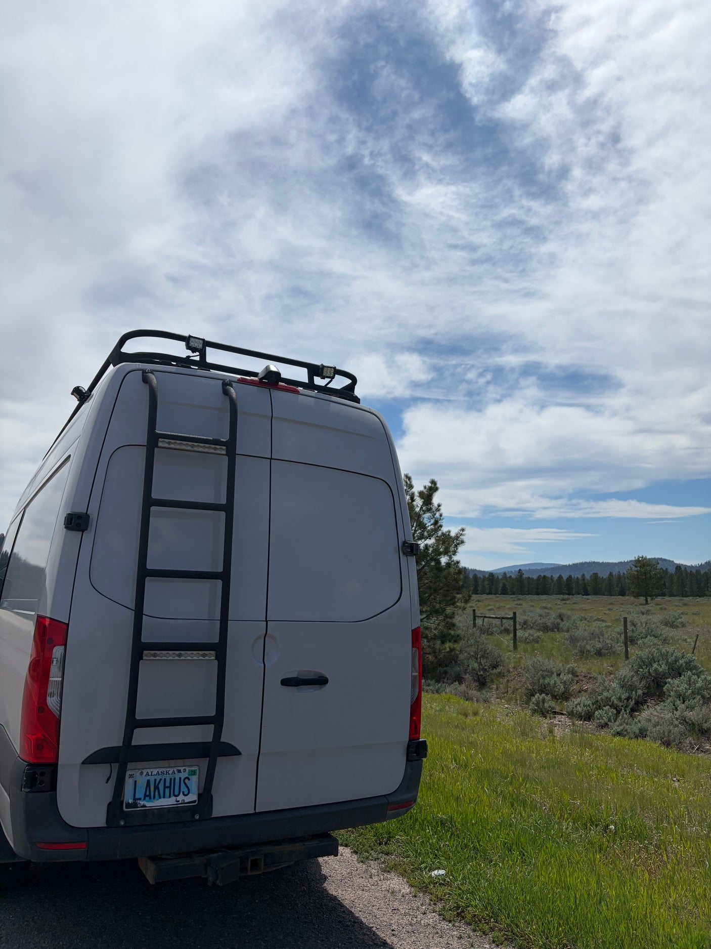 White camper van with ladder and roof rack, an ideal RV rental for a road trip through nature.