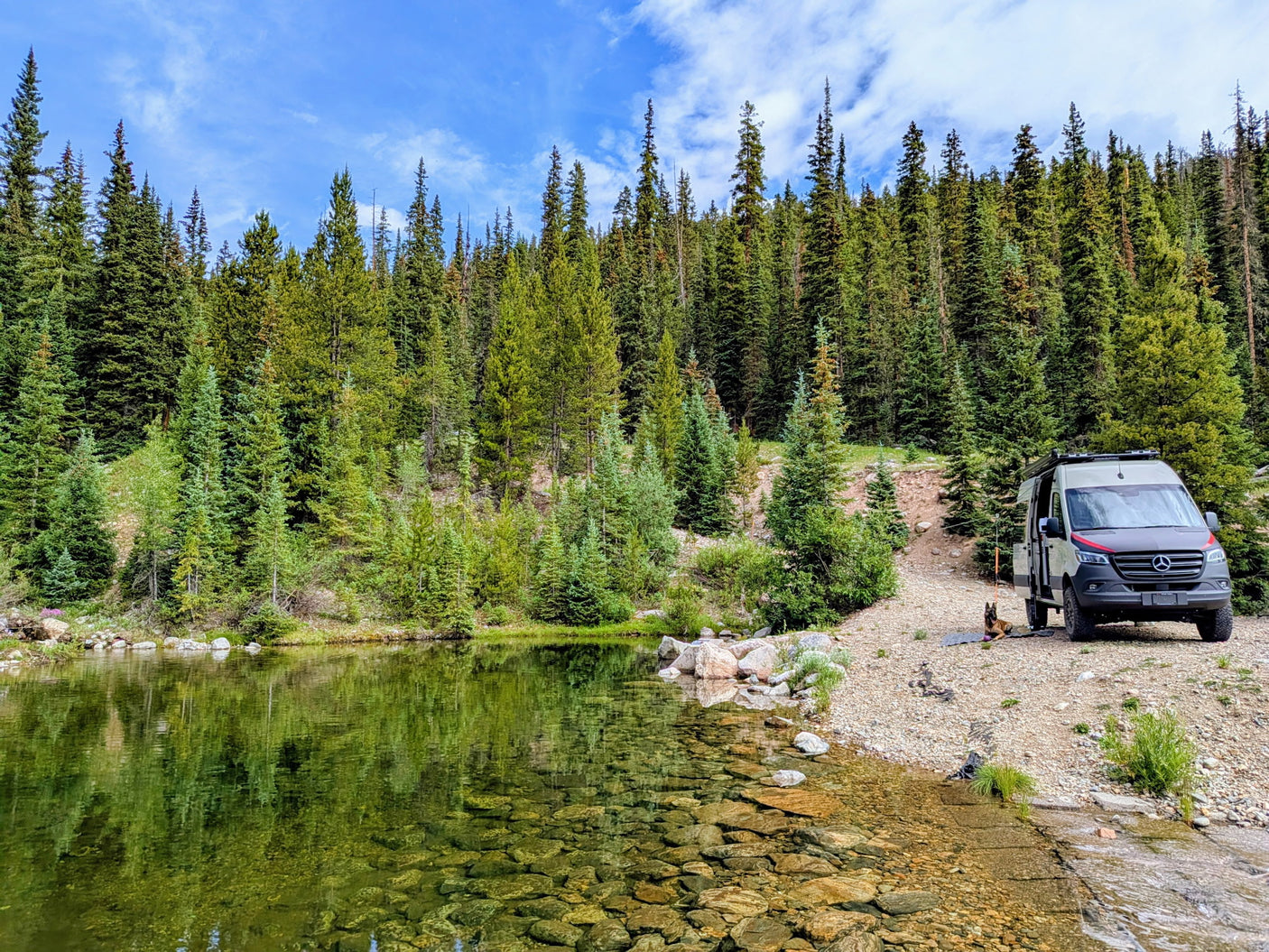 Grey camper van and dog next to a clear mountain lake with pine forests. Great spot for an RV rental escape.