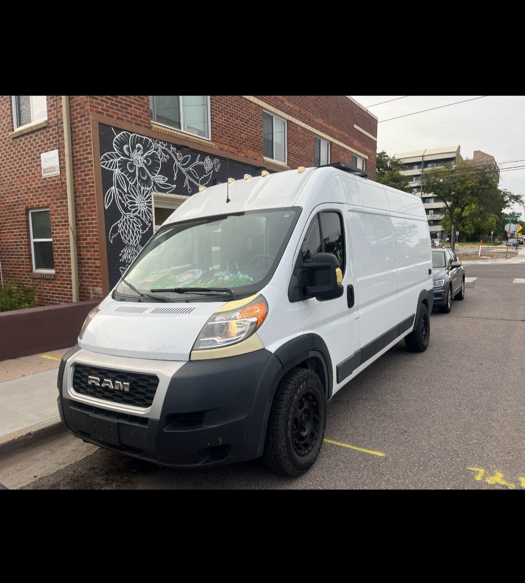 White Ram ProMaster van, likely an RV rental, parked on a city street beside a building with a floral mural.