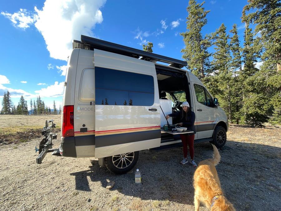 and an induction cooktop. Ready for your adventure.|Advertisement for RV rental
