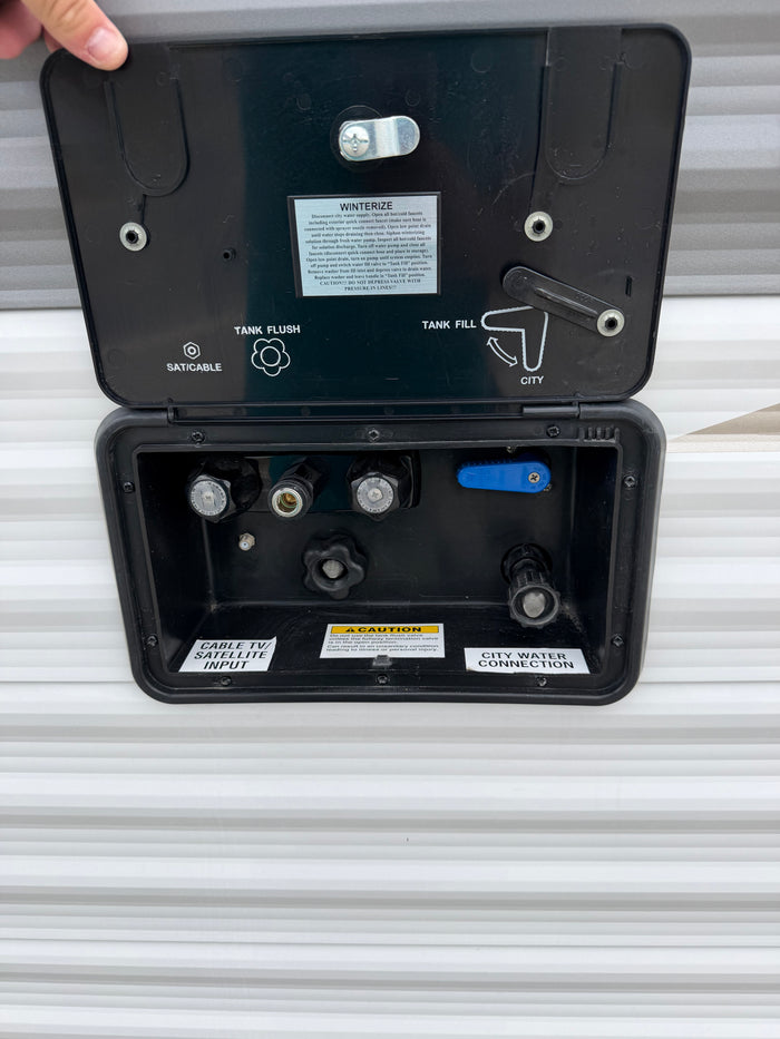 RV rental utility panel: connections for city water, tank fill/flush, winterization, and cable/satellite inputs.