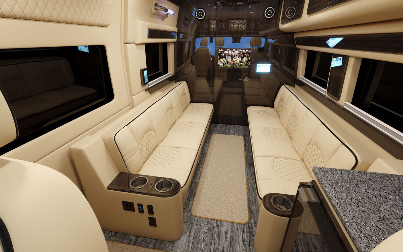 fully equipped interior.|Luxurious RV rental interior features cream quilted seating