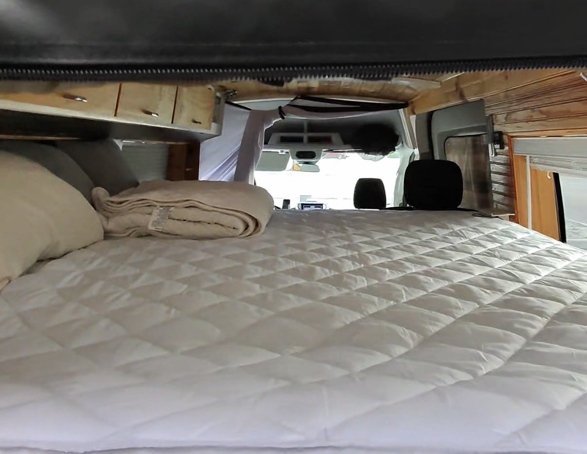 parked under cloudy skies among trees.|Olive green privacy enclosure on an RV rental van's open rear doors — photo 8