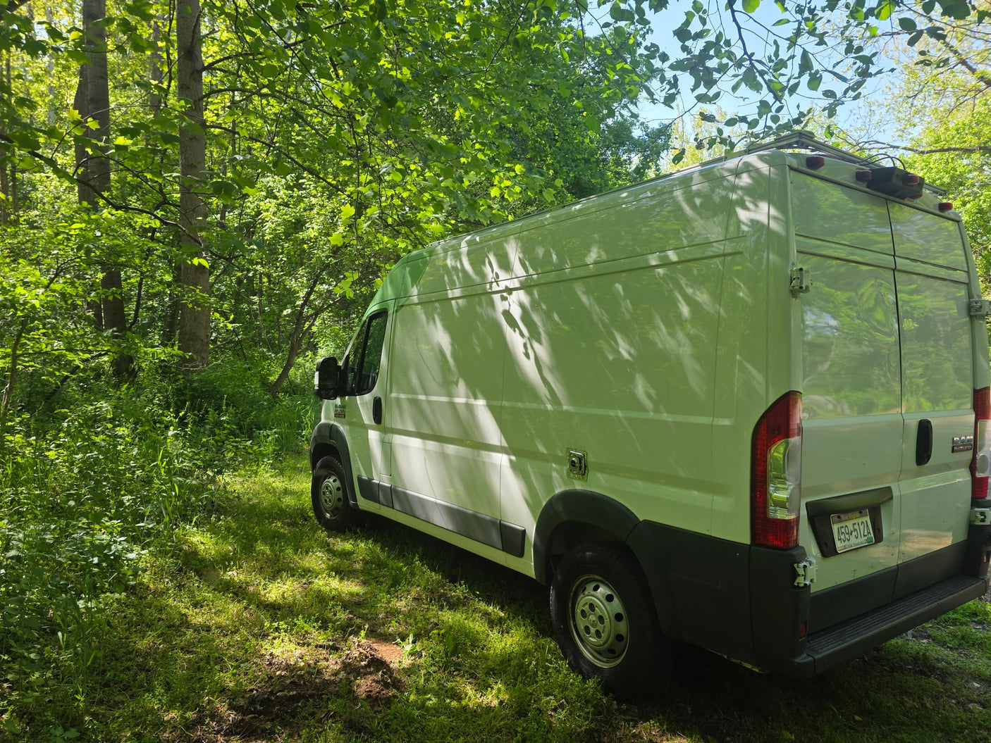 A white Ram ProMaster van (RV rental) parked in a sunny, green forest. Perfect for camping and exploring the outdoors.