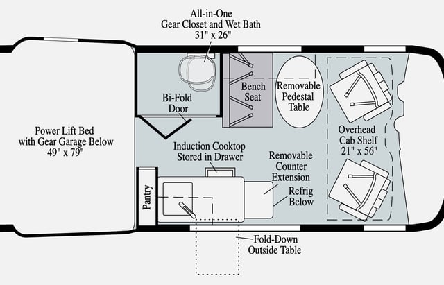 Detailed RV rental floor plan shows a compact camper layout with a rear lift bed, mid wet bath, kitchen, and front dining/cab.