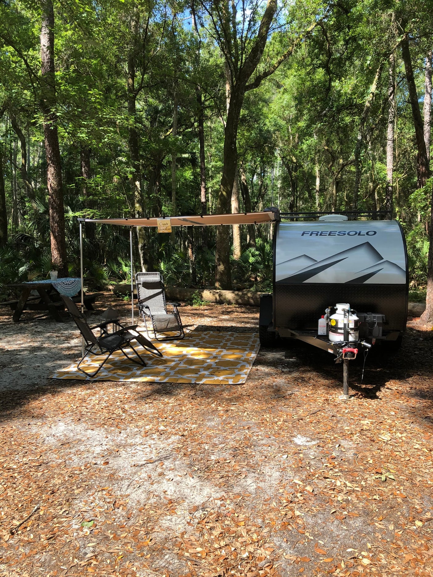 Experience tranquil nature with this Freesolo RV rental setup, featuring an awning, chairs, and picnic table at a shady forest campsite.