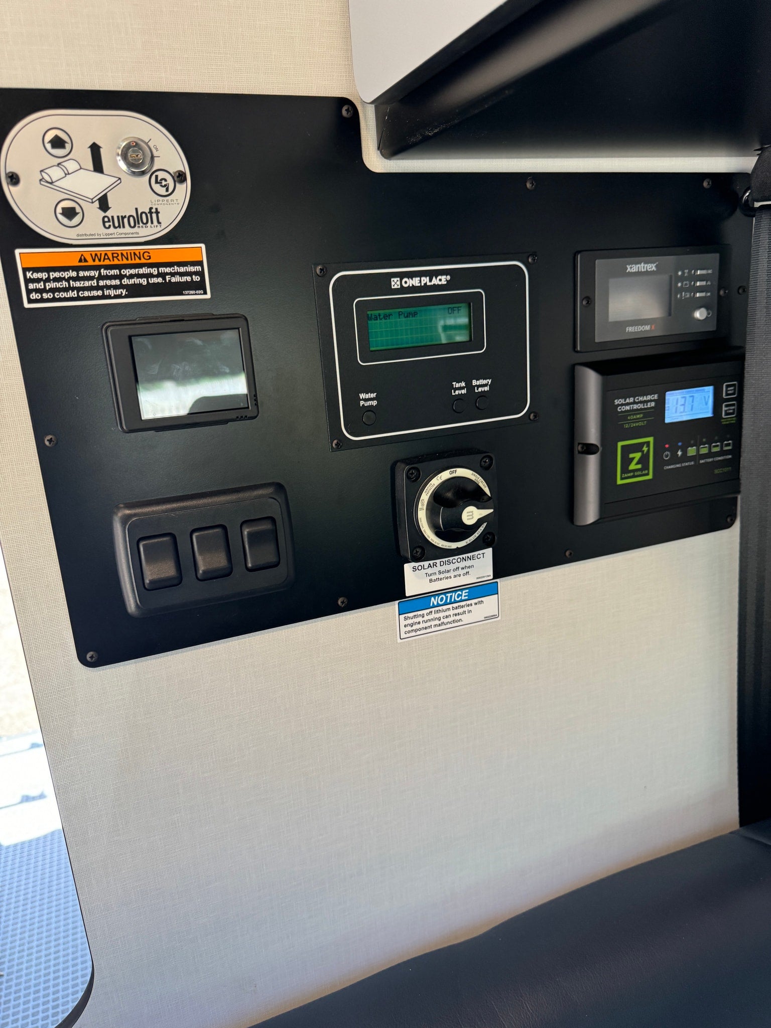 This RV rental control panel shows monitors for bed lift, water, power, and solar charge, with system management switches.
