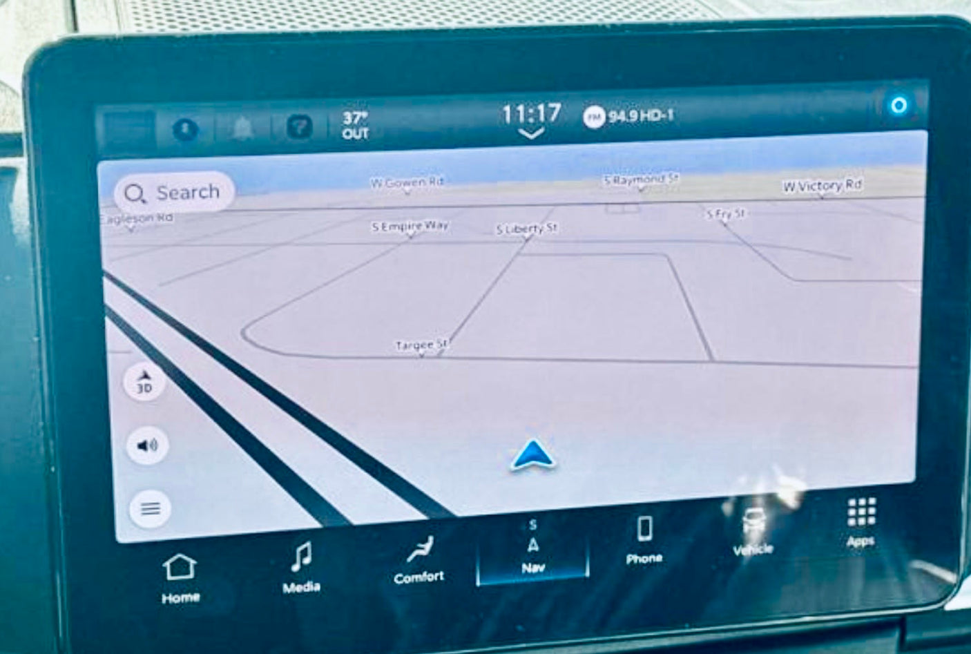 RV rental's navigation system displays a map with street names and car infotainment options at 11:17, 37°F outside.