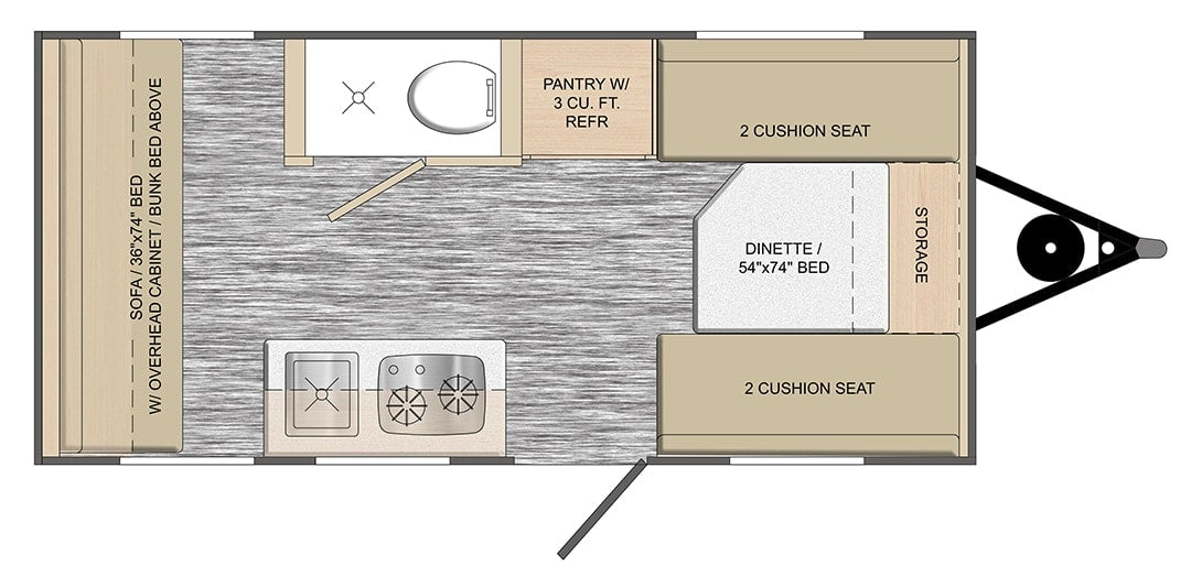 Detailed RV rental floor plan: features convertible dinette bed, sofa/bunk bed, kitchen, bath, & pantry with fridge.