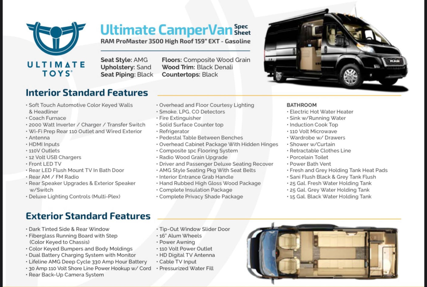 and integrated cupholders.|Compact rv rental van interior features a wet bath with toilet and shower