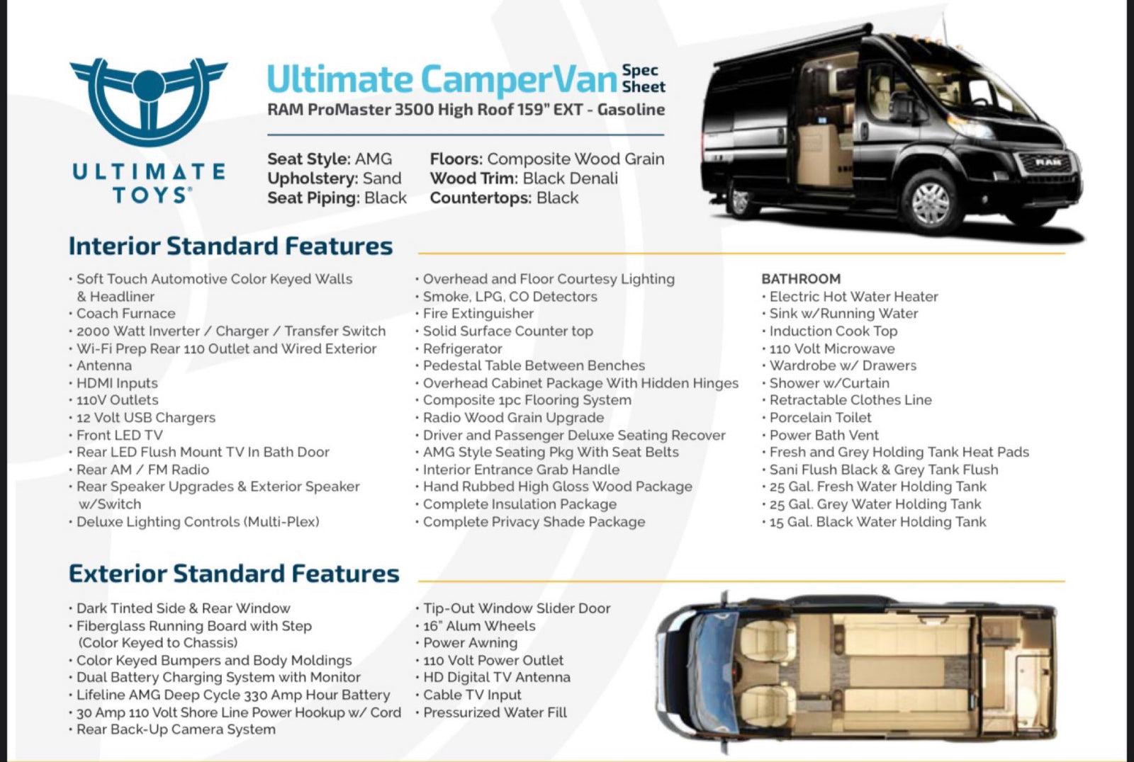 and integrated cupholders.|Compact rv rental van interior features a wet bath with toilet and shower