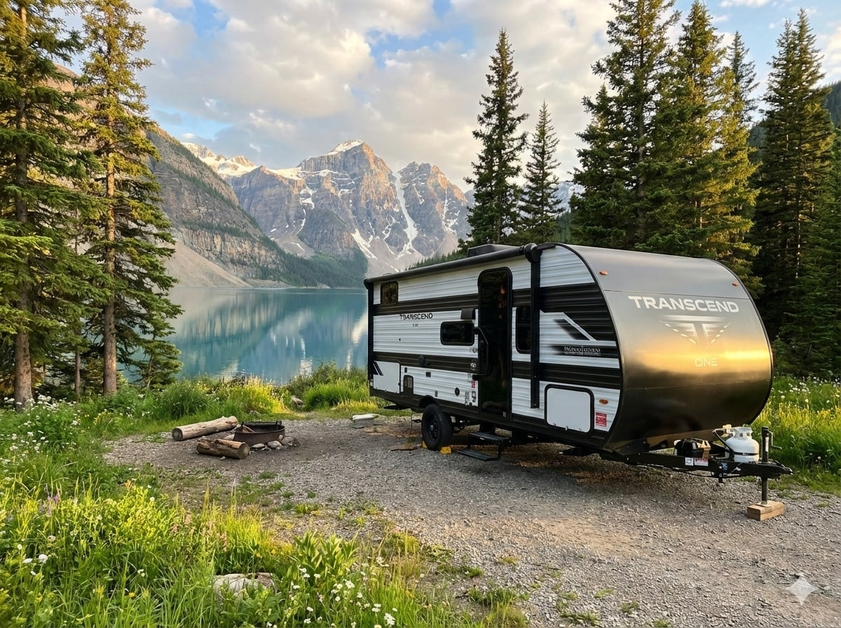 Experience serene nature from this rv rental at a lakeside campsite, with majestic mountains & clear water. — photo 2