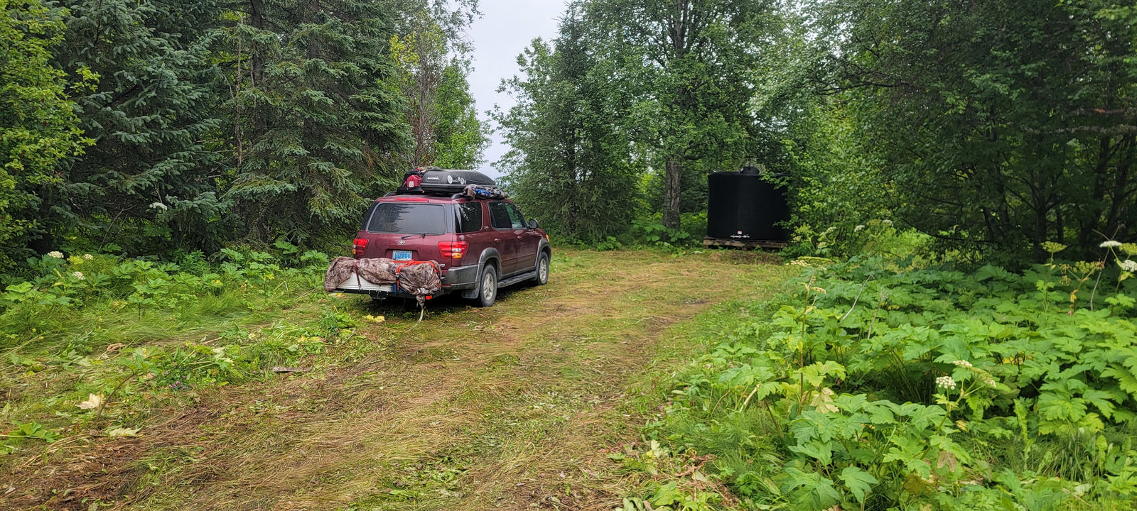 Adventure-ready SUV, packed like an RV rental for wilderness travel, parked in lush woods with a water tank.