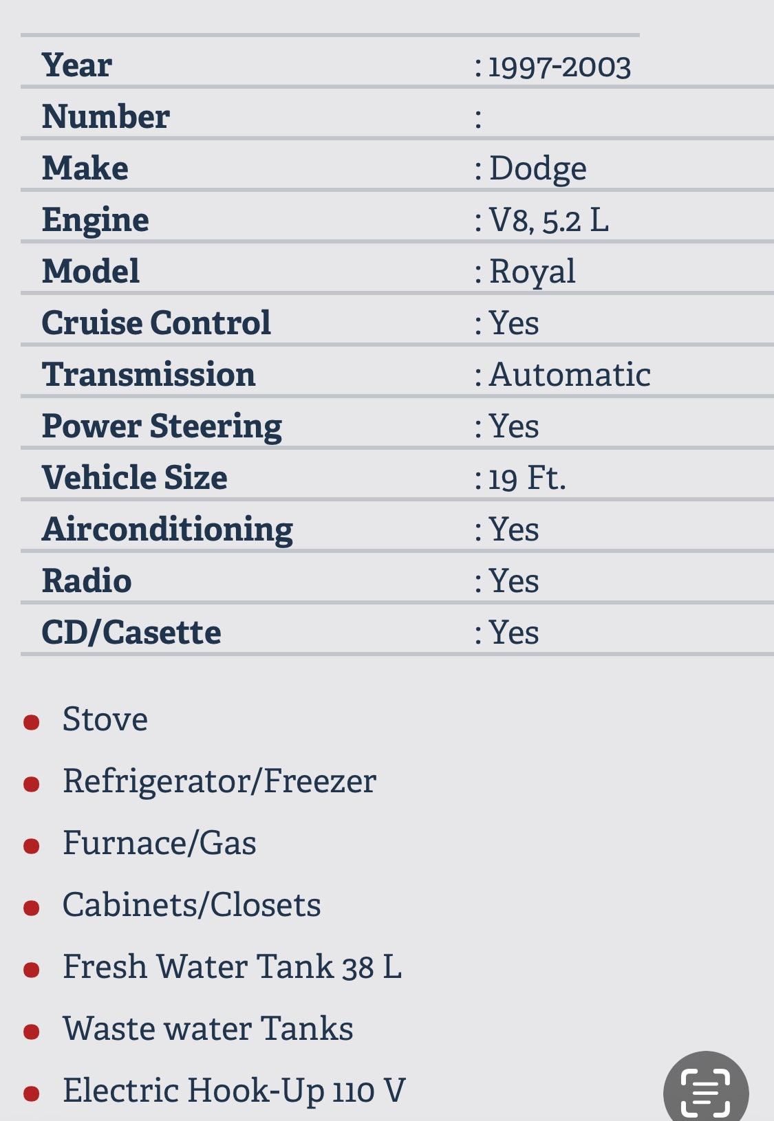 Detailed specs for an RV rental: Dodge Royal (1997-2003) motorhome, V8 engine, 19 ft., automatic. Includes stove, fridge, furnace, water tanks.