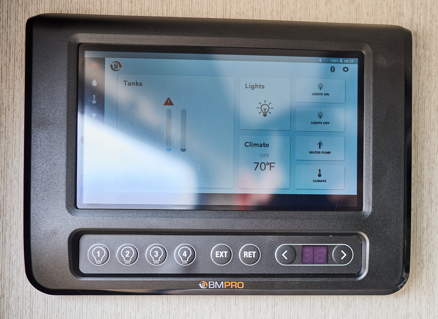 This RV rental's BMPRO smart control panel manages tanks, lights, and climate (70°F) for a comfortable journey.