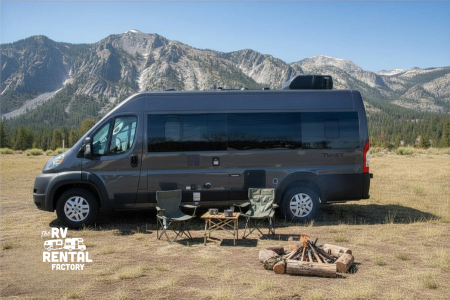 A gray RV rental van