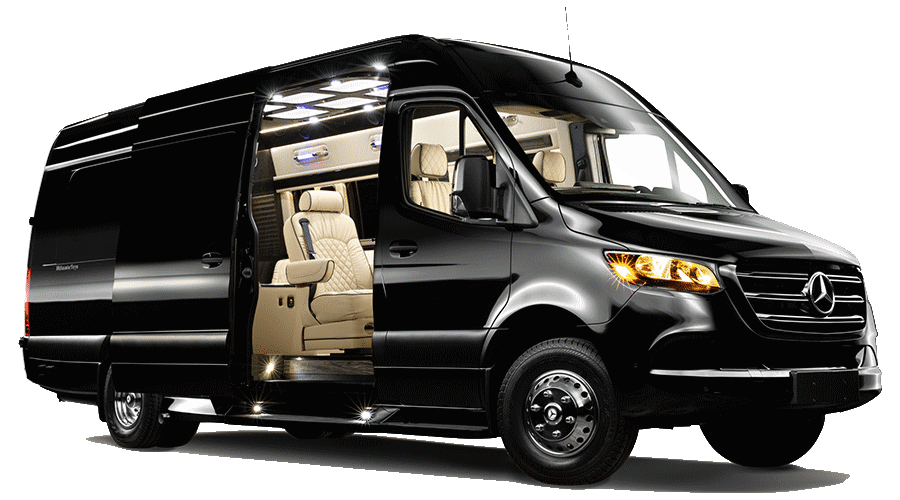 Experience luxury: Black Mercedes-Benz Sprinter van for RV rental, showcasing its plush cream interior with ambient lighting.