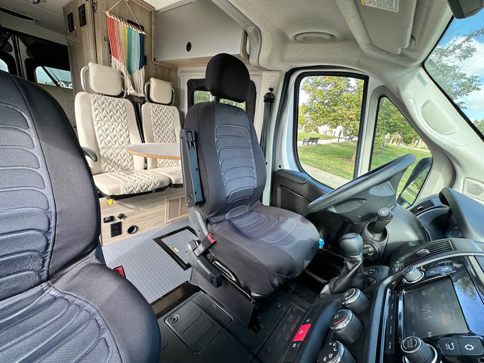 light-colored passenger seating with table