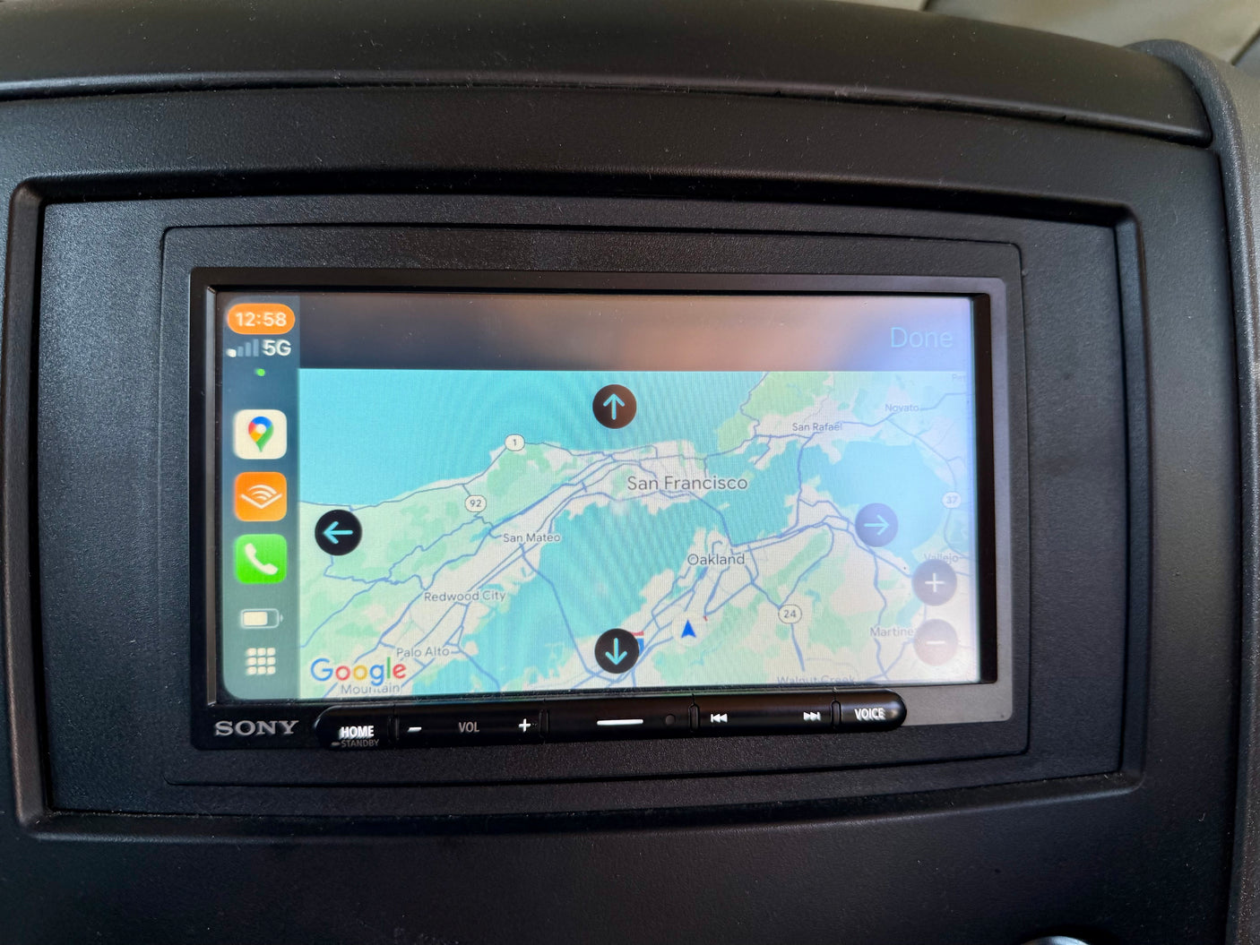 RV rental infotainment showing Google Maps of San Francisco Bay Area on a Sony display with 5G signal at 12:58.