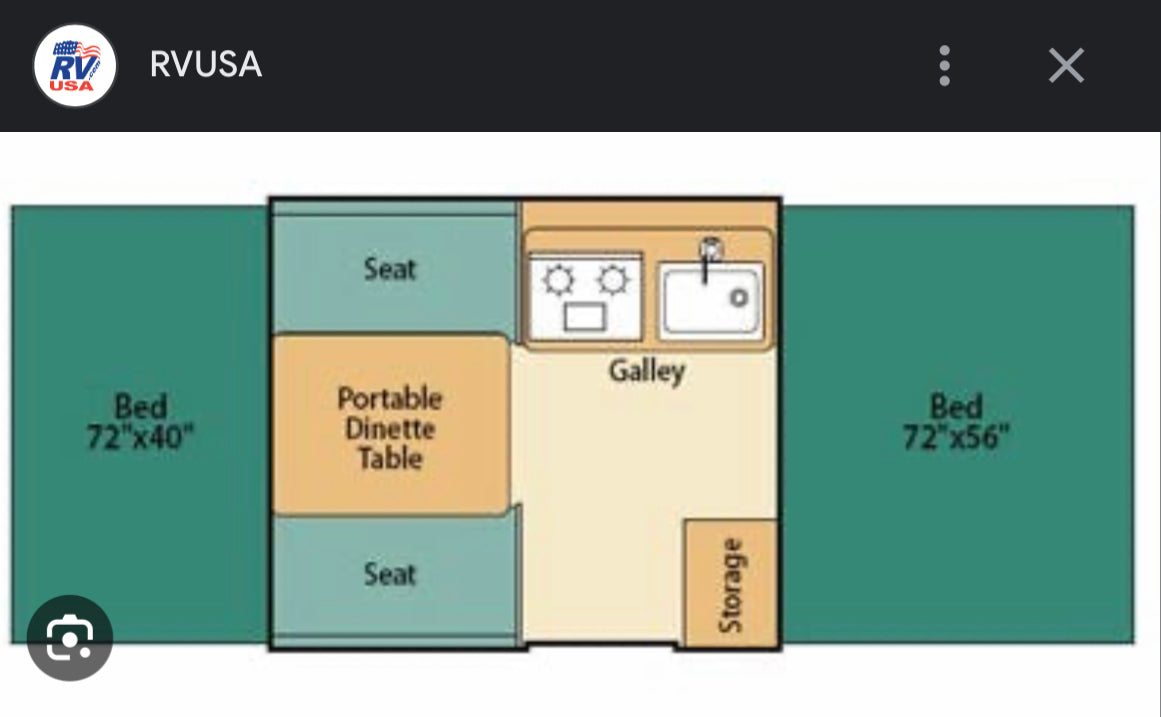 Detailed RV rental floor plan shows camper layout with beds (72"x40", 72"x56"), galley, dinette, and storage.