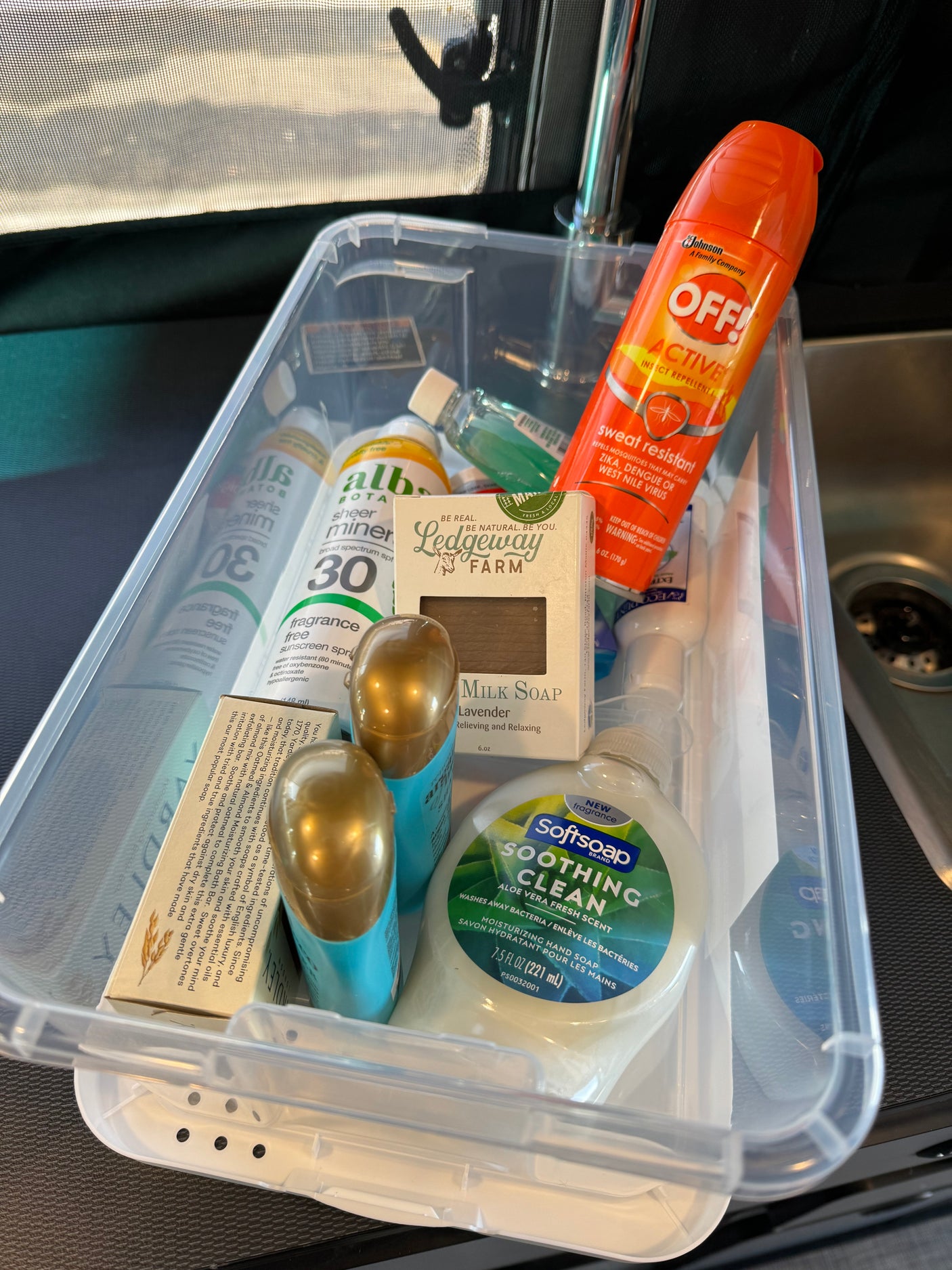 Travel essentials like bug spray, sunscreen, and soap, neatly packed in a bin for an RV rental trip's hygiene needs.
