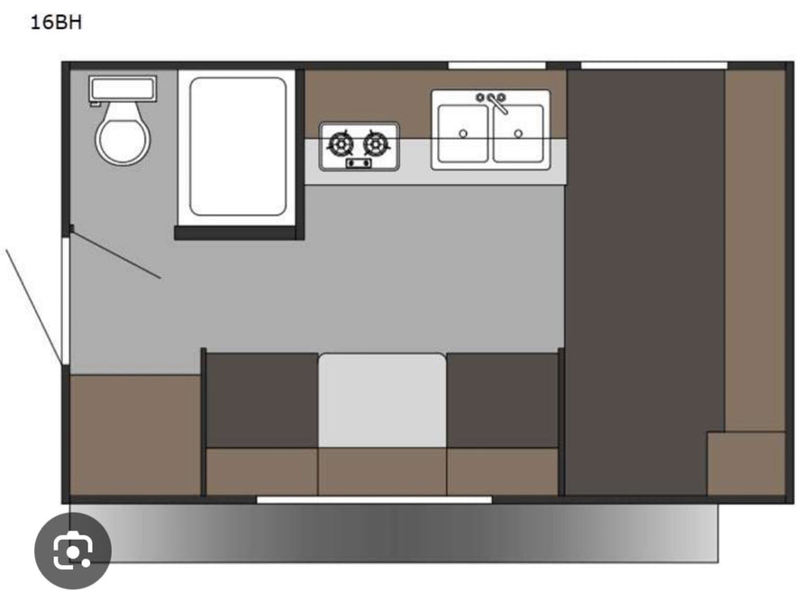 a compact RV ready for your next RV rental adventure. Ideal for travel.|16BH RV rental interior floor plan. See kitchen